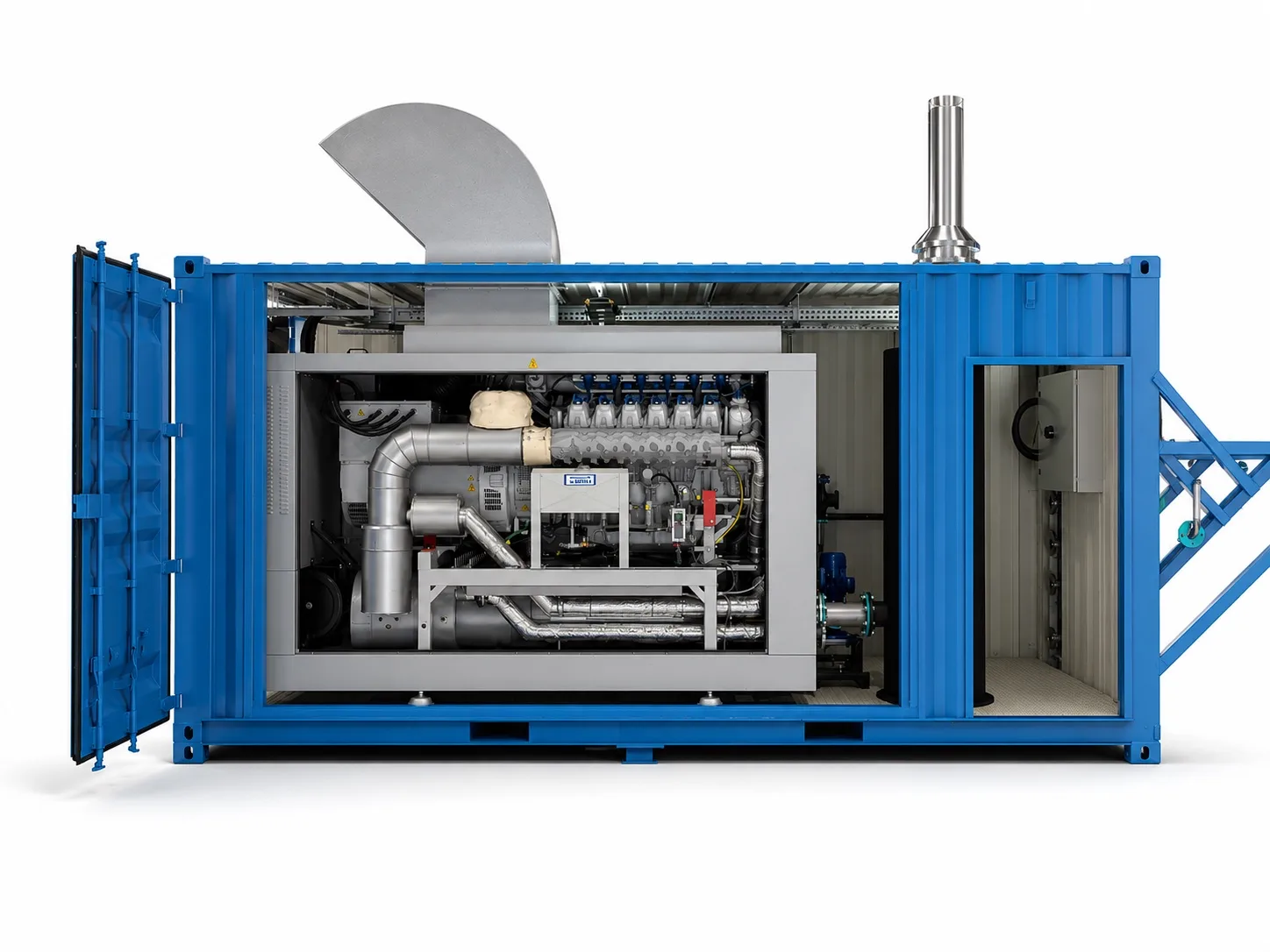 Containerised Boulton CHP unit cutaway: gas engine, generator, heat recovery and controls in one enclosure